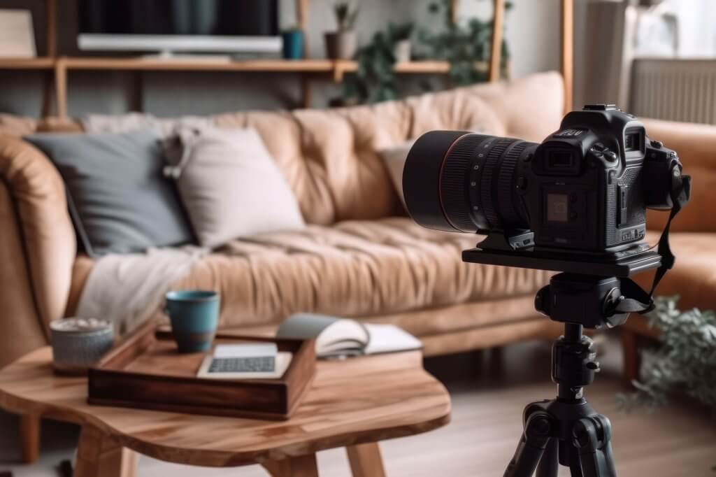 dslr camera on tripod and taking photographs. Interior design ph
