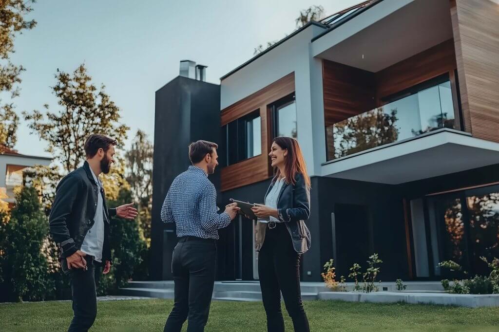 Real estate agent showing a modern home to a young couple.
